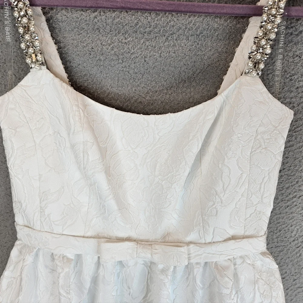 Sachin-Babi Women White Selena Dress Sz 4 Beaded Strap Floral Jacquard